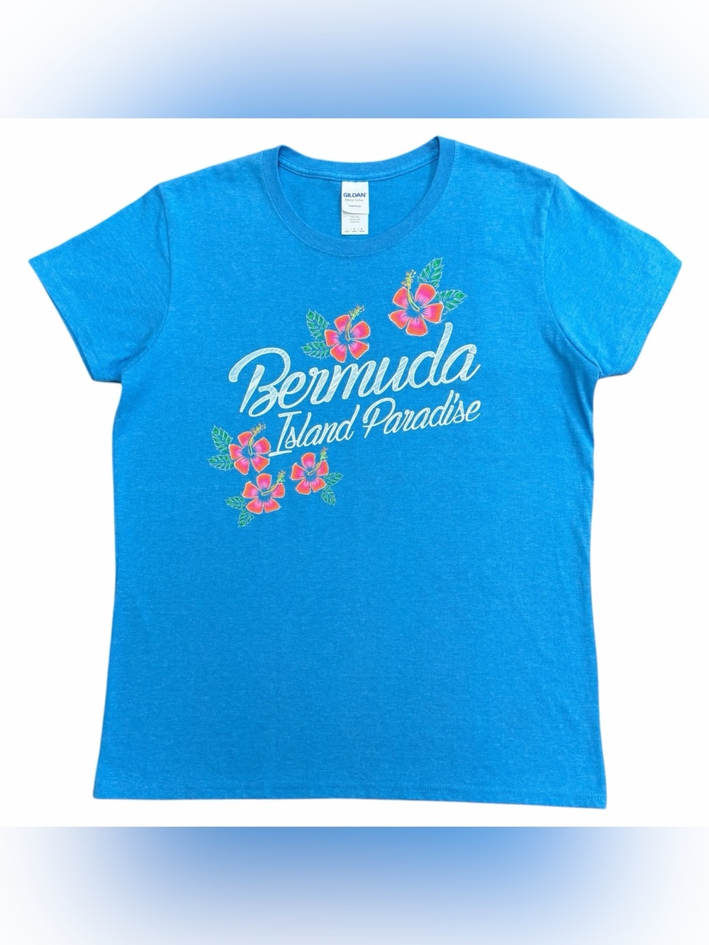 Bermuda Island Paradise Women's Blue Floral Short Sleeve T Shirt Size Large